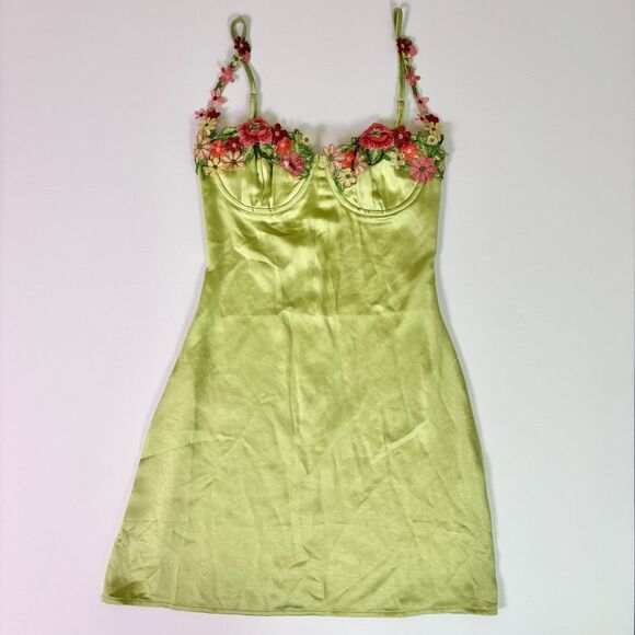 Princess Polly Kenzie Green Satin Mini Dress Size 2 Floral Embroidered Underwire - Picture 2 of 15